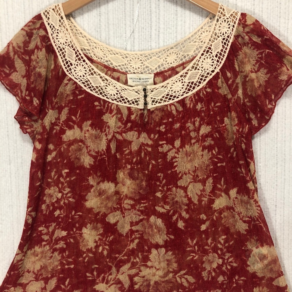 Denim & Supply Ralph Lauren Floral Sheer‎ Lace Trim Top Blouse Red Beige